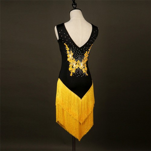 Yellow white black Sexy Stage Women Lady Latin Dance Dresses rhinestones Tassel  Performance Party Competition dance dresses